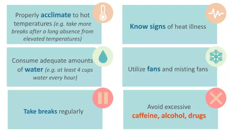 Six tiles of prevention tips: acclimatise to hot temperatures, know the signs of heat illness, drink adequate water such as at least four cups every hour, use fans and misting fans, take breaks regularly, and avoid excessive caffeine, alcohol and drugs.